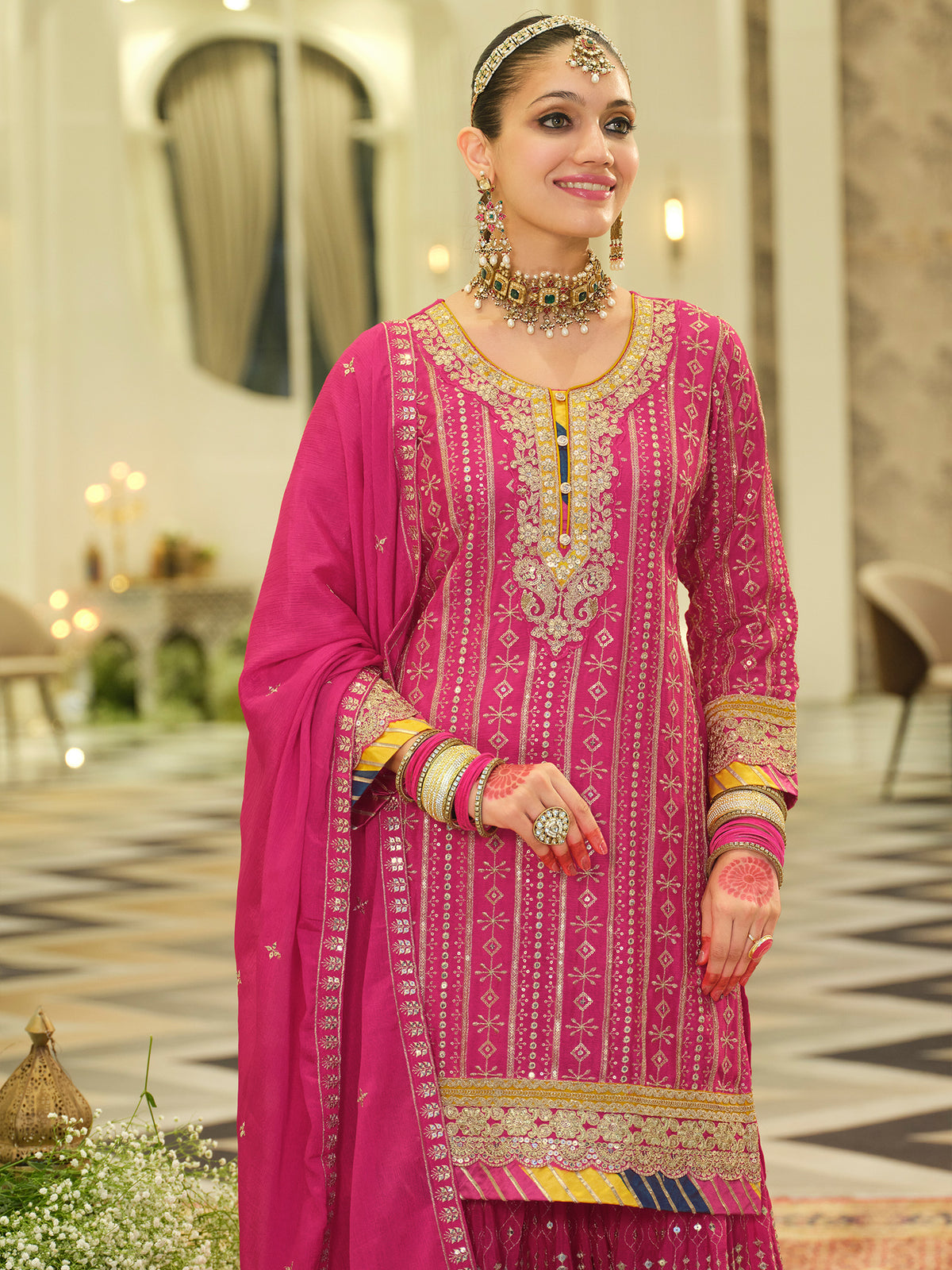 Pink Embroidered Straight Kurta Sharara With Dupatta Set