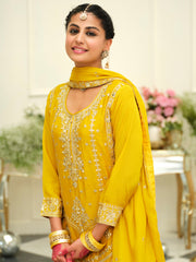 Yellow Embroidered Straight Kurta Palazzos With Dupatta Set