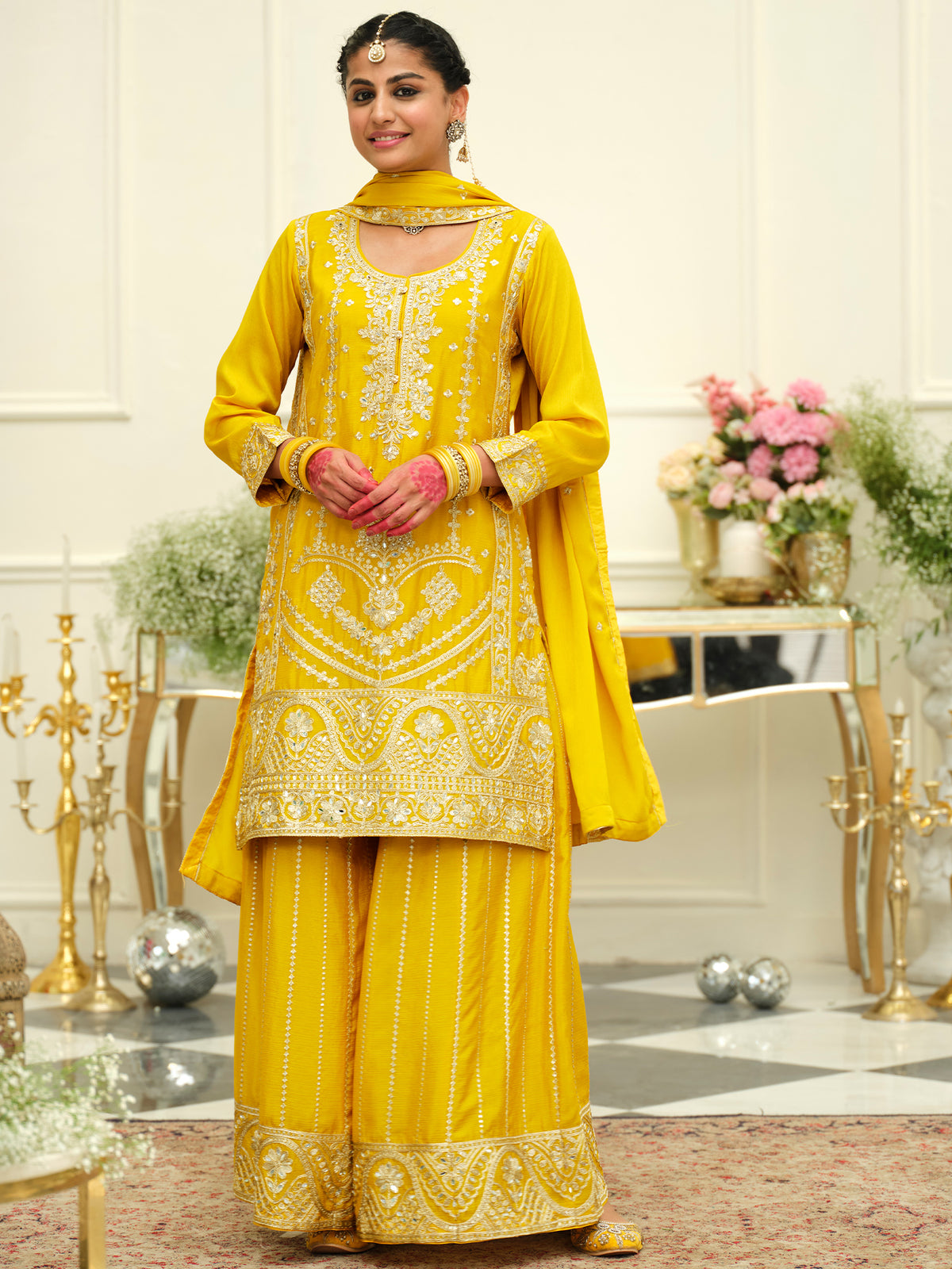 Yellow Embroidered Straight Kurta Palazzos With Dupatta Set