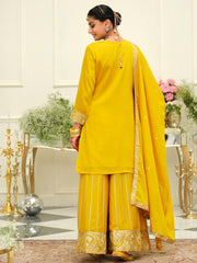 Yellow Embroidered Straight Kurta Palazzos With Dupatta Set