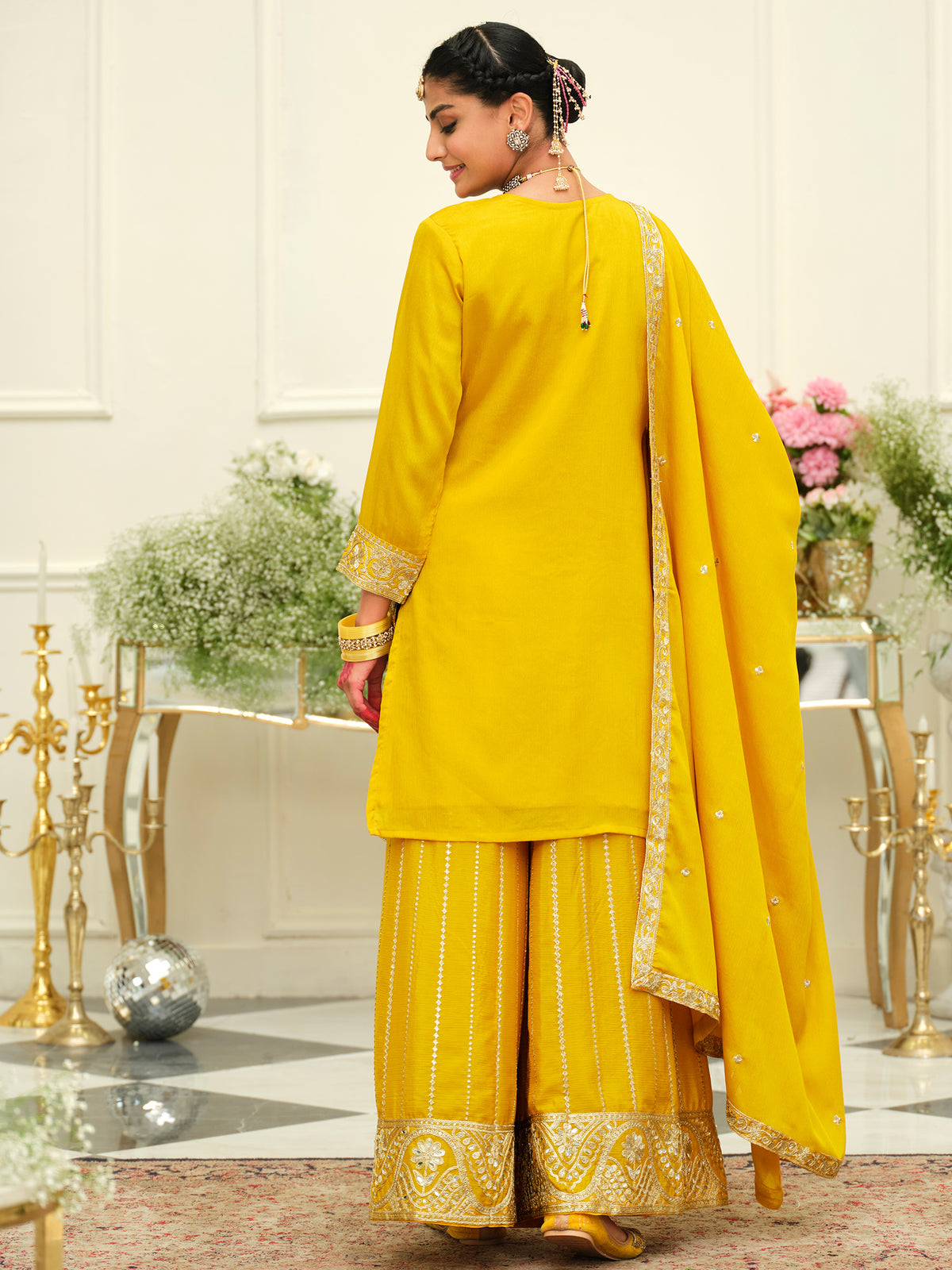 Yellow Embroidered Straight Kurta Palazzos With Dupatta Set