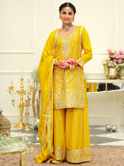 Yellow Embroidered Straight Kurta Palazzos With Dupatta Set
