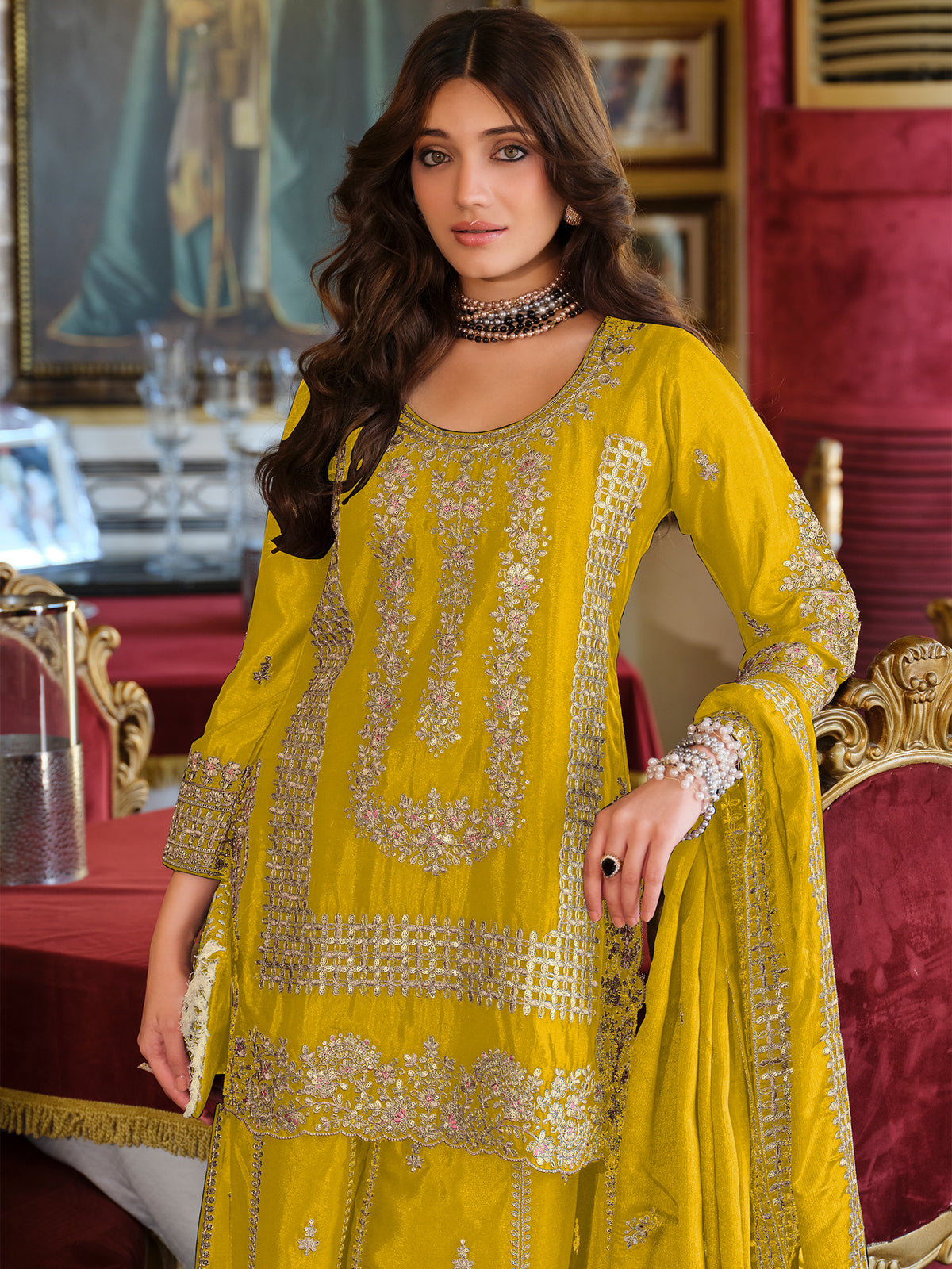 Yellow Embroidered Straight Kurta Palazzos With Dupatta Set