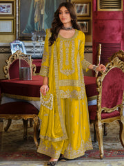 Yellow Embroidered Straight Kurta Palazzos With Dupatta Set