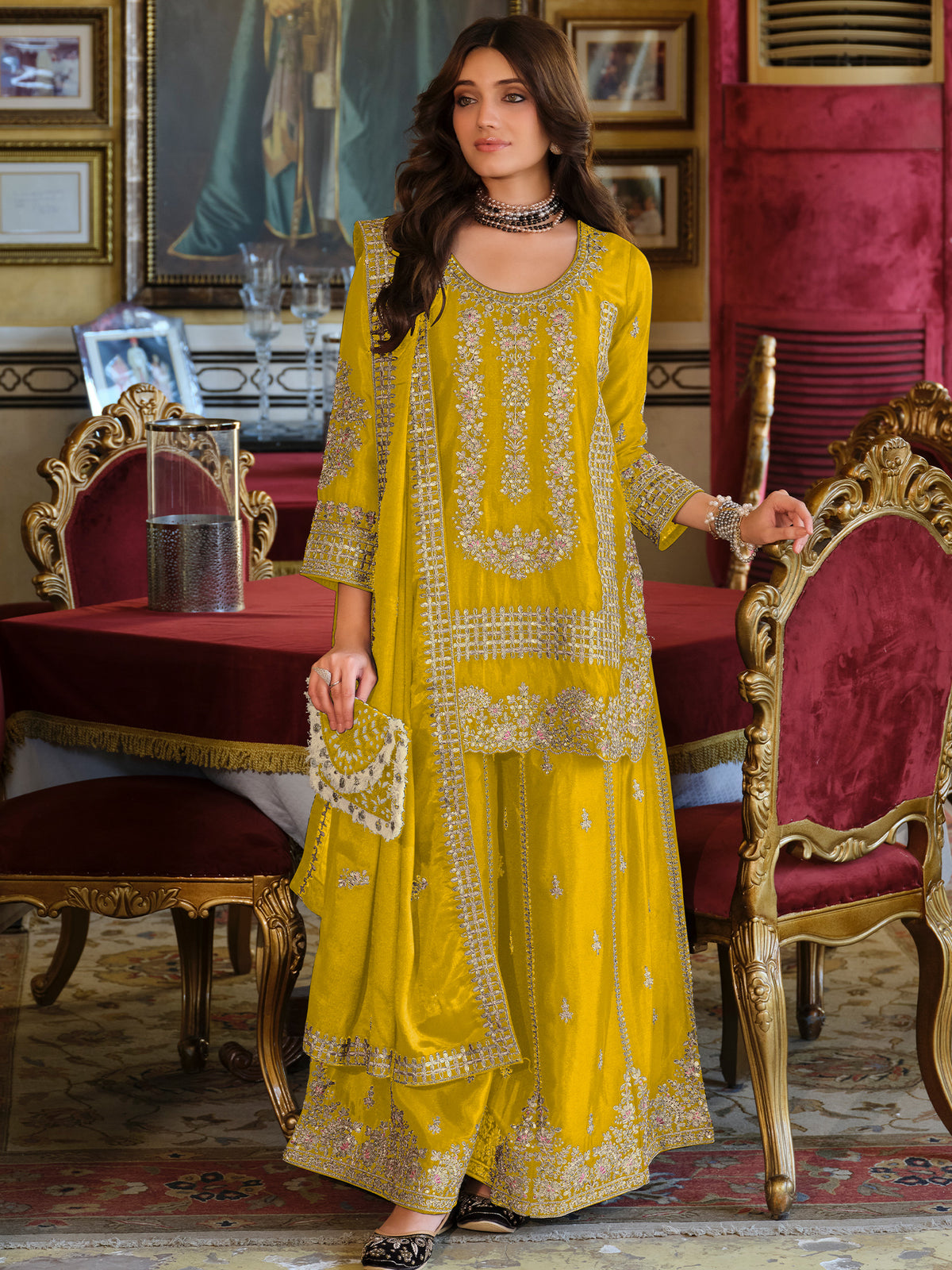 Yellow Embroidered Straight Kurta Palazzos With Dupatta Set