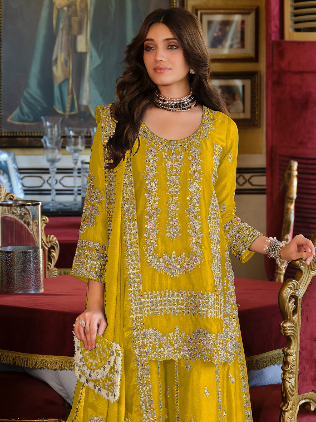 Yellow Embroidered Straight Kurta Palazzos With Dupatta Set