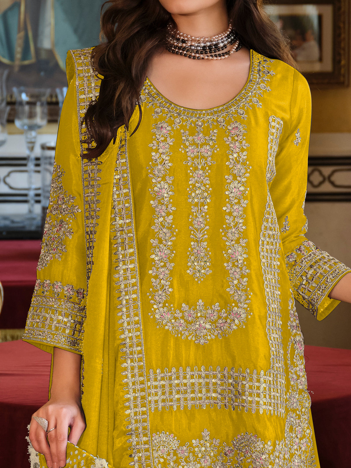 Yellow Embroidered Straight Kurta Palazzos With Dupatta Set