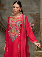 Pink Embroidered A-Line Kurta Trousers With Dupatta Set