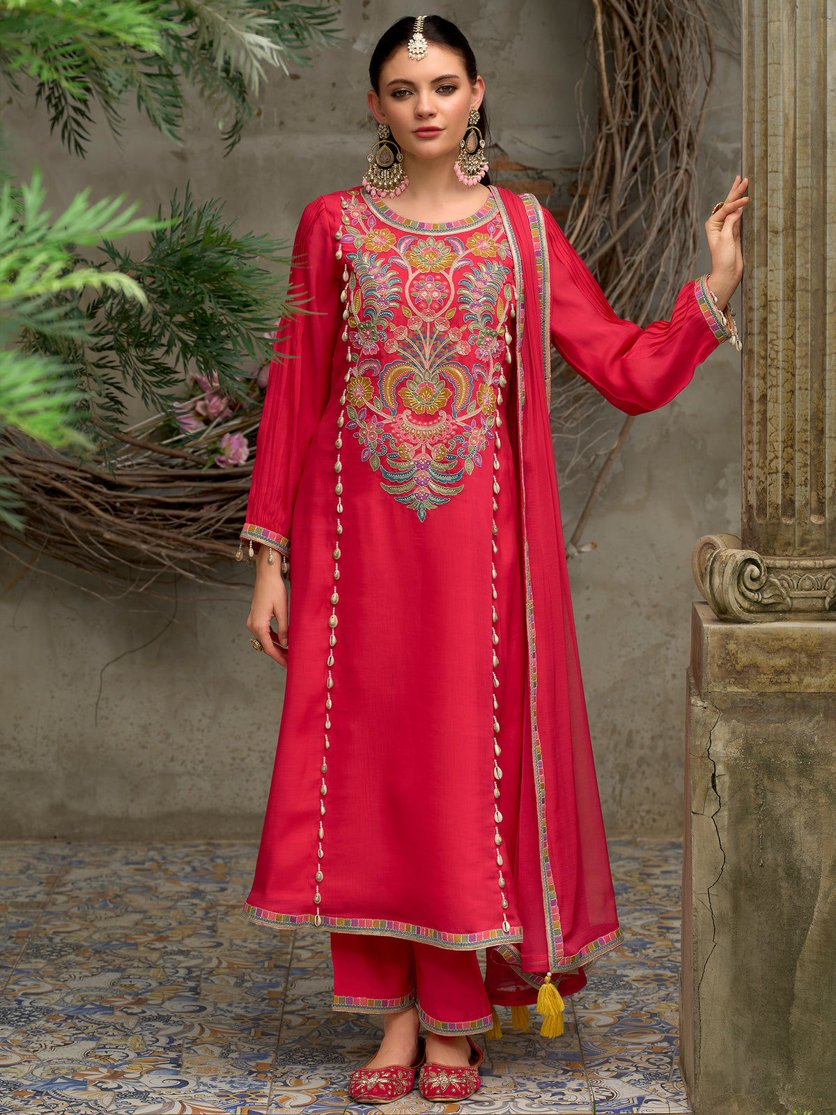 Pink Embroidered A-Line Kurta Trousers With Dupatta Set