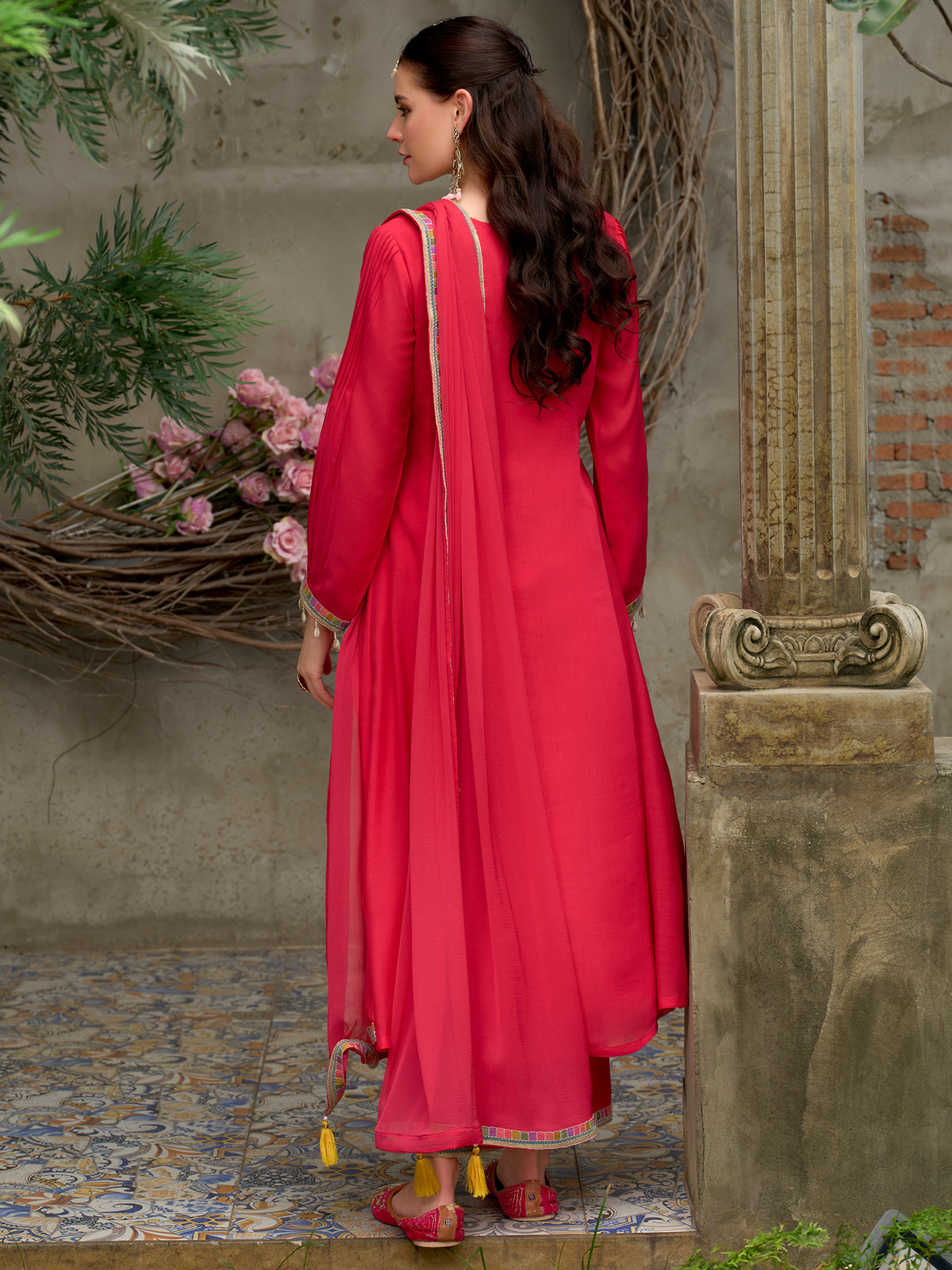Pink Embroidered A-Line Kurta Trousers With Dupatta Set