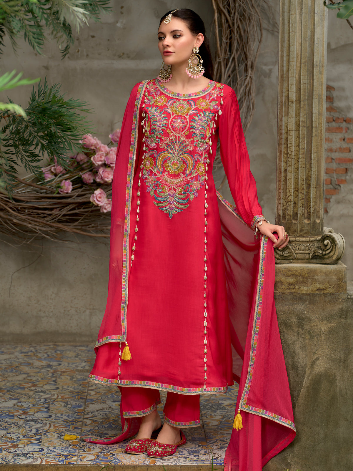 Pink Embroidered A-Line Kurta Trousers With Dupatta Set