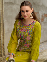 Yellow Embroidered A-Line Kurta Trousers With Dupatta Set