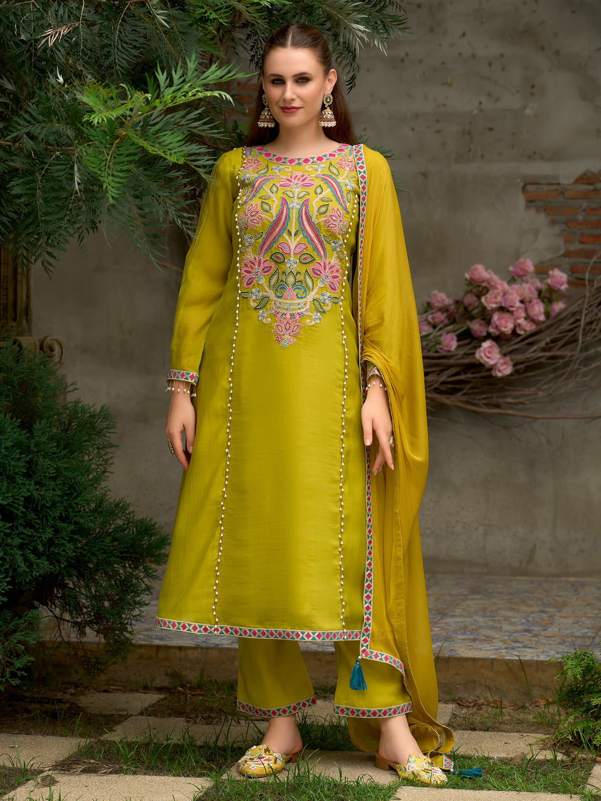 Yellow Embroidered A-Line Kurta Trousers With Dupatta Set