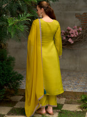 Yellow Embroidered A-Line Kurta Trousers With Dupatta Set