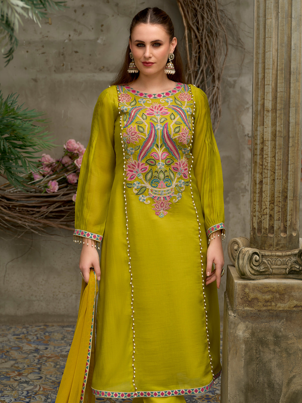 Yellow Embroidered A-Line Kurta Trousers With Dupatta Set