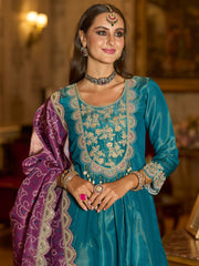 Blue Embroidered A-Line Kurta Trousers With Dupatta Set