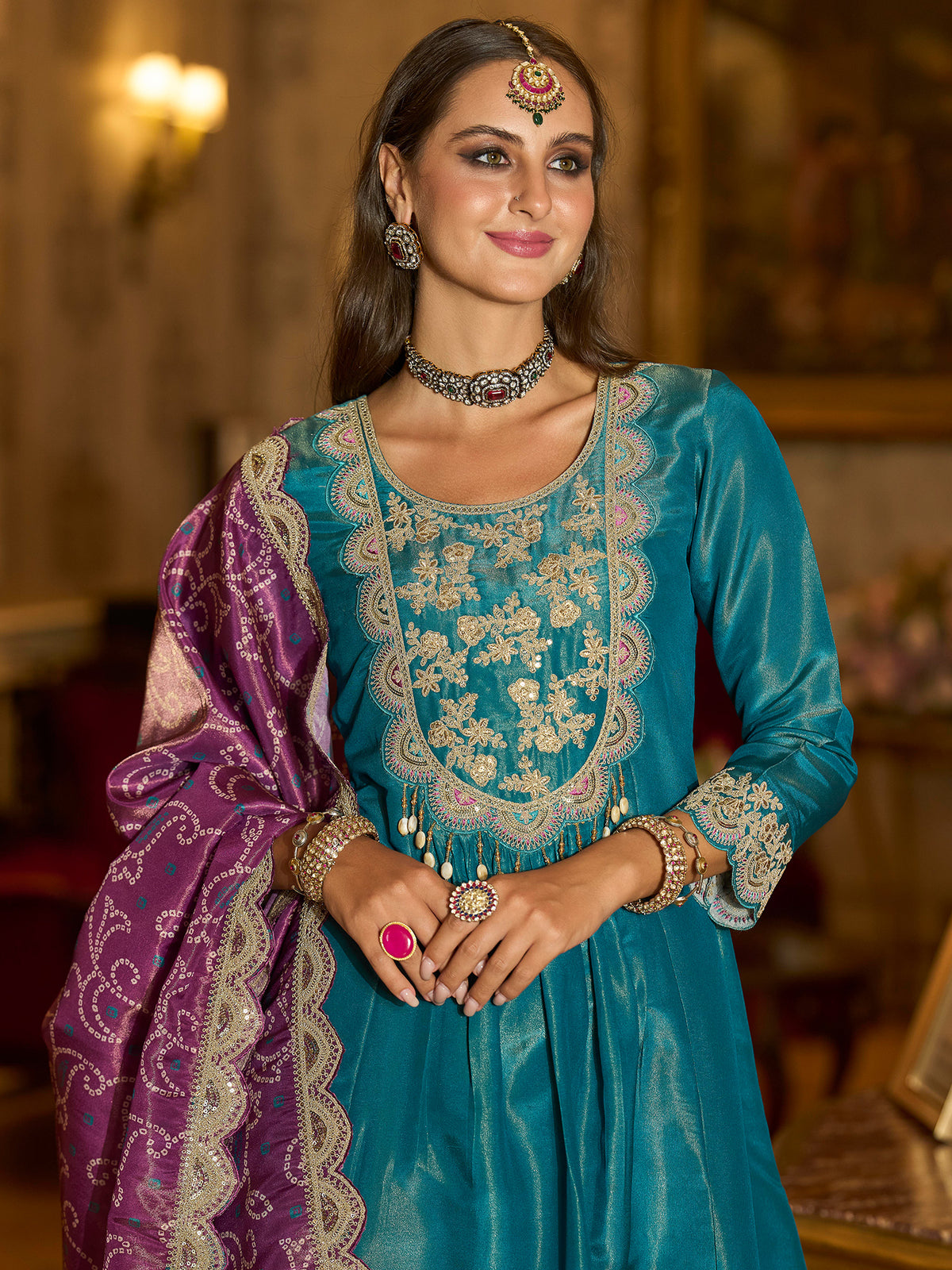 Blue Embroidered A-Line Kurta Trousers With Dupatta Set