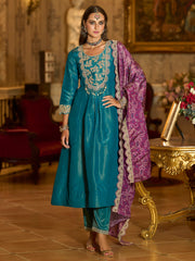 Blue Embroidered A-Line Kurta Trousers With Dupatta Set