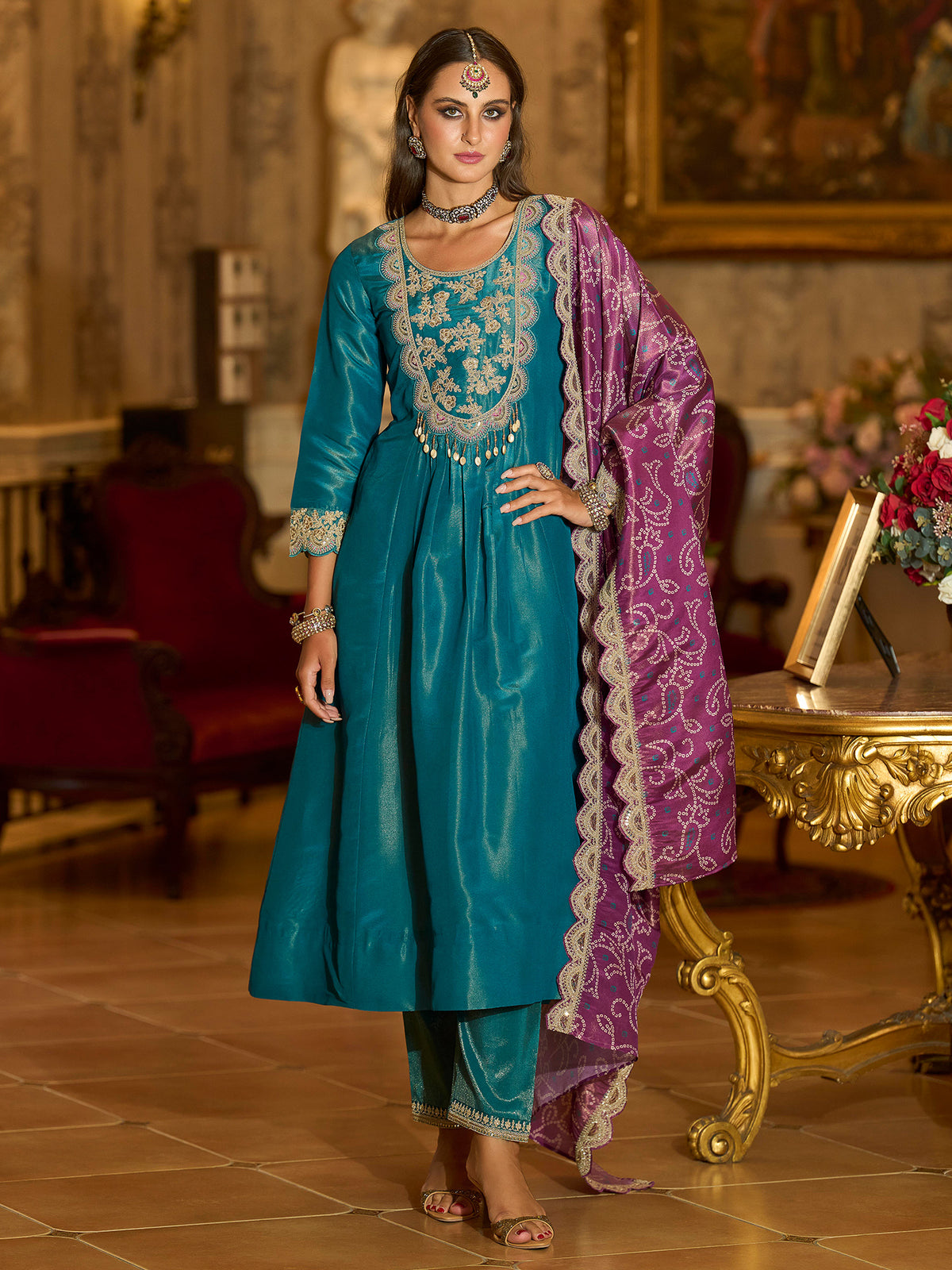 Blue Embroidered A-Line Kurta Trousers With Dupatta Set