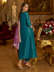 Blue Embroidered A-Line Kurta Trousers With Dupatta Set