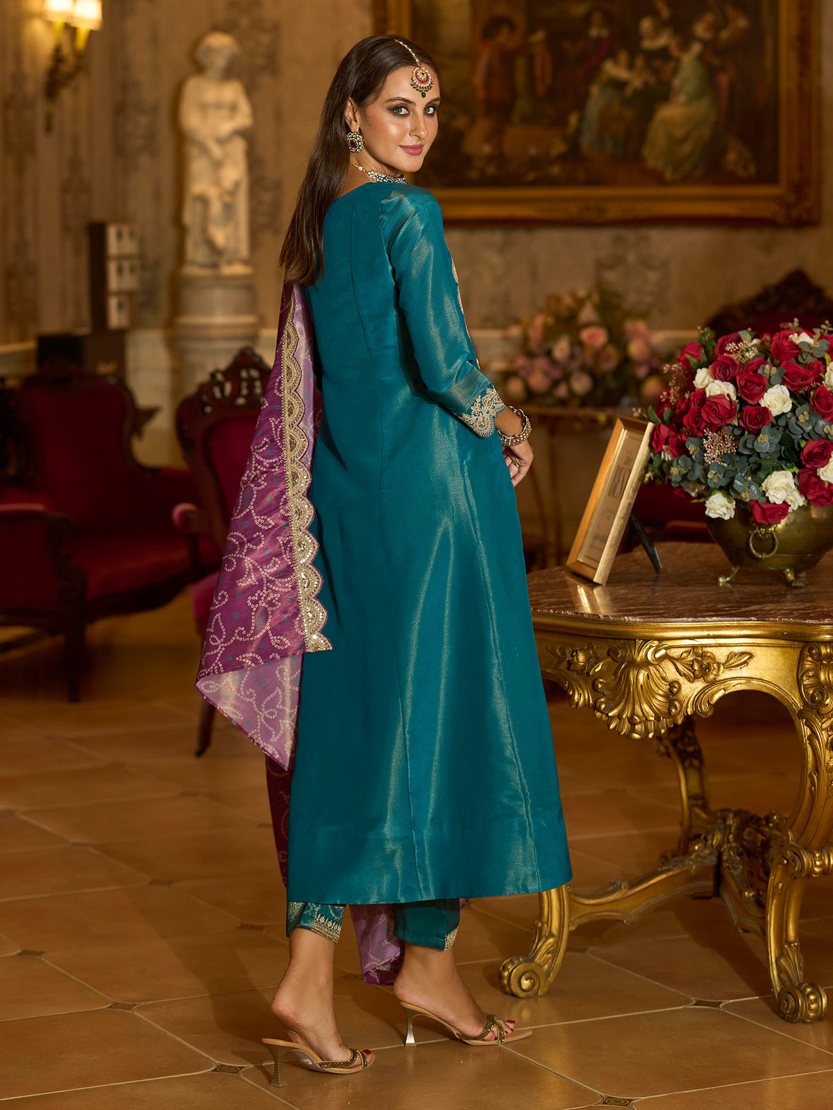 Blue Embroidered A-Line Kurta Trousers With Dupatta Set
