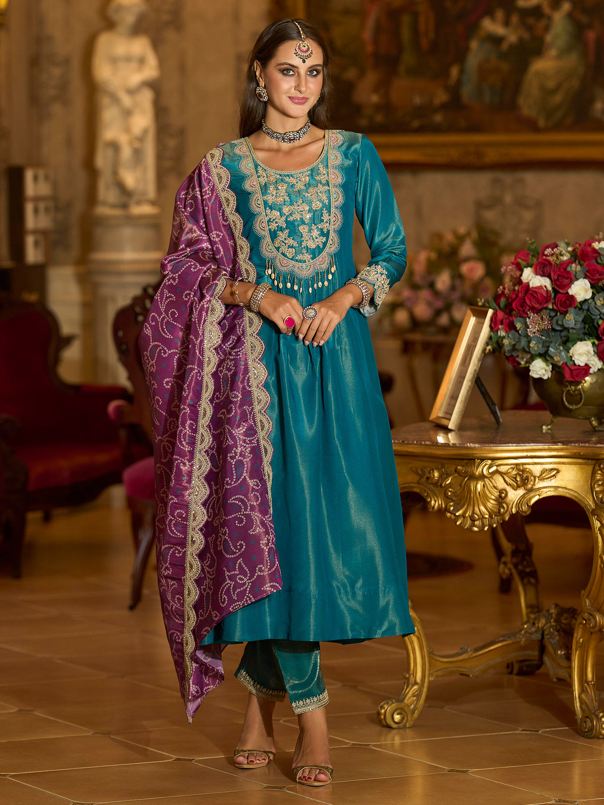 Blue Embroidered A-Line Kurta Trousers With Dupatta Set