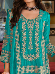 Teal Embroidered Straight Kurta Palazzos With Dupatta Set
