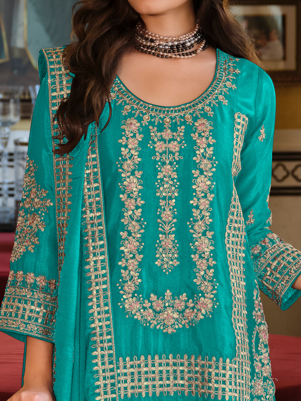 Teal Embroidered Straight Kurta Palazzos With Dupatta Set