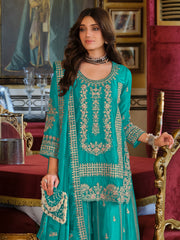 Teal Embroidered Straight Kurta Palazzos With Dupatta Set