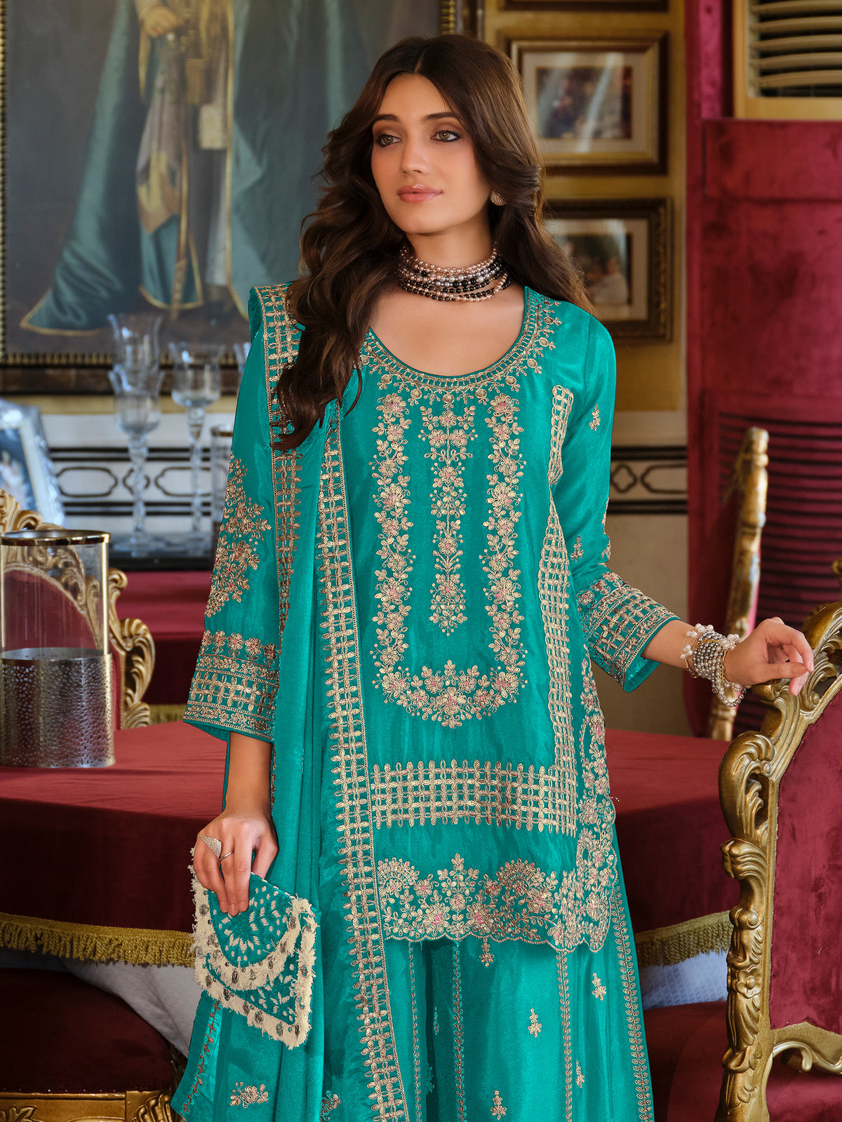 Teal Embroidered Straight Kurta Palazzos With Dupatta Set