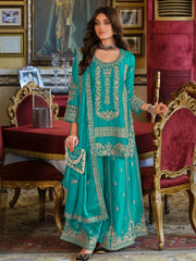 Teal Embroidered Straight Kurta Palazzos With Dupatta Set