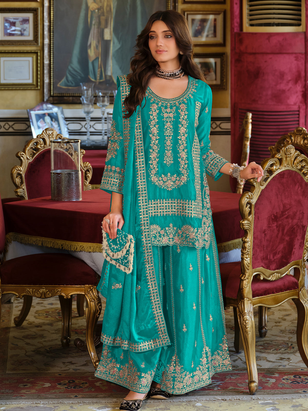 Teal Embroidered Straight Kurta Palazzos With Dupatta Set