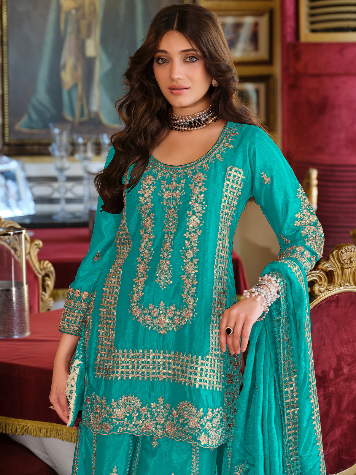 Teal Embroidered Straight Kurta Palazzos With Dupatta Set