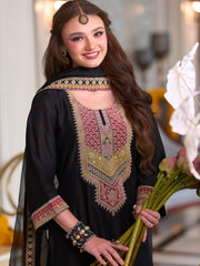 Black Embroidered A-Line Kurta Trousers With Dupatta Set