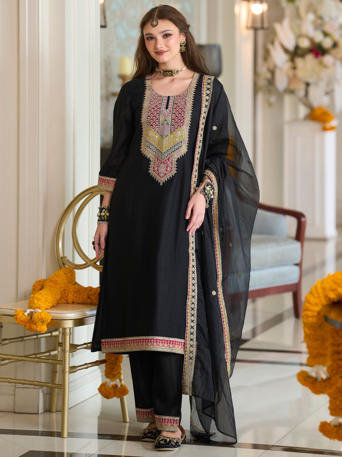 Black Embroidered A-Line Kurta Trousers With Dupatta Set