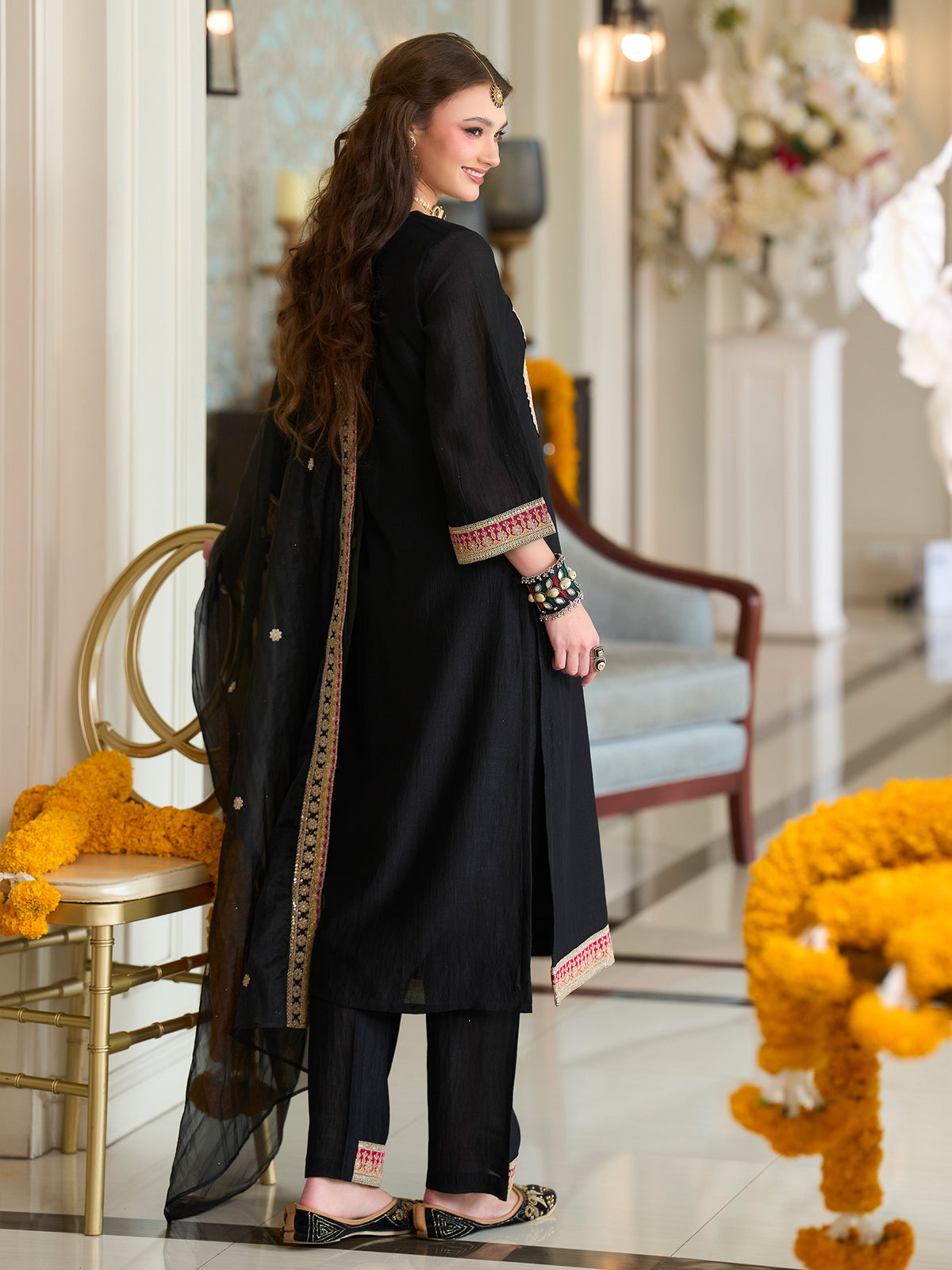 Black Embroidered A-Line Kurta Trousers With Dupatta Set