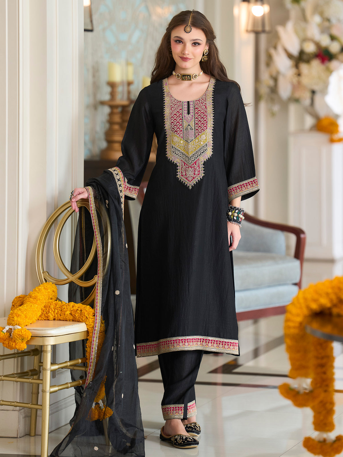 Black Embroidered A-Line Kurta Trousers With Dupatta Set