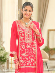 Red Embroidered Straight Kurta Patiala With Dupatta Set