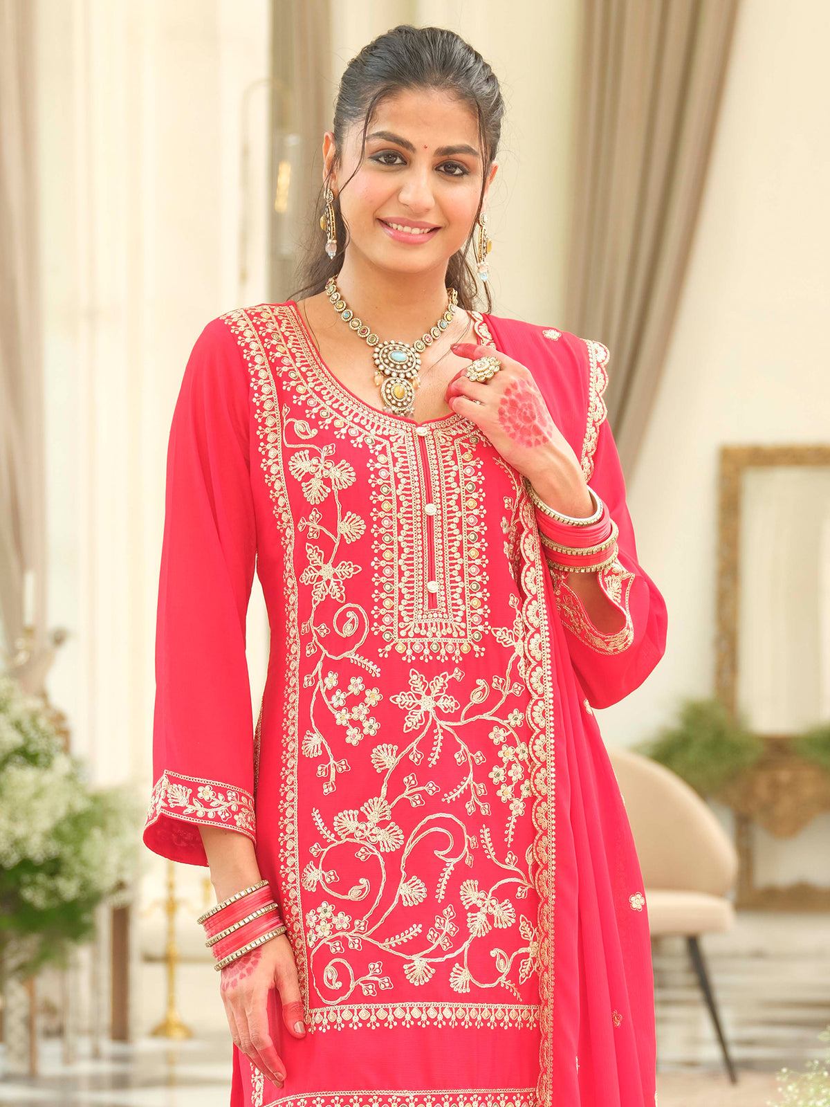 Red Embroidered Straight Kurta Patiala With Dupatta Set