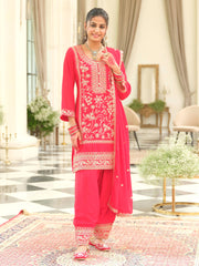 Red Embroidered Straight Kurta Patiala With Dupatta Set