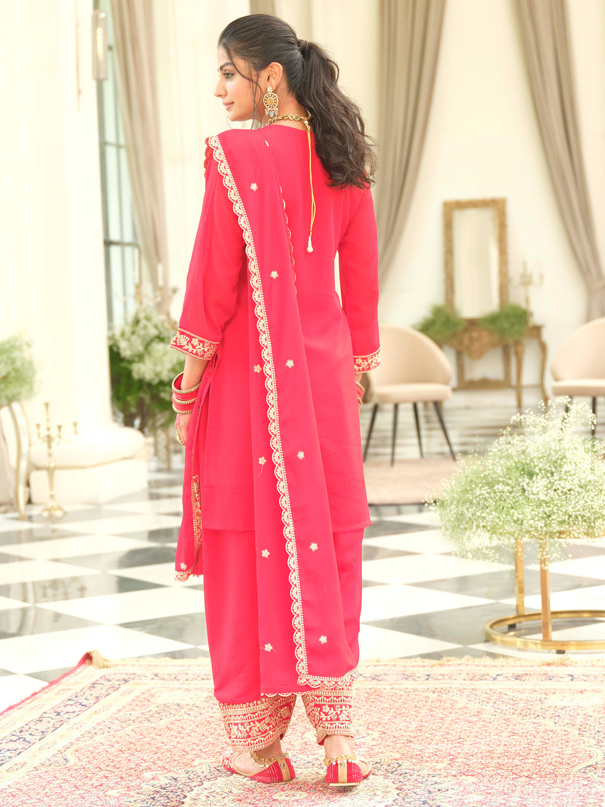 Red Embroidered Straight Kurta Patiala With Dupatta Set