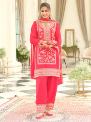 Red Embroidered Straight Kurta Patiala With Dupatta Set