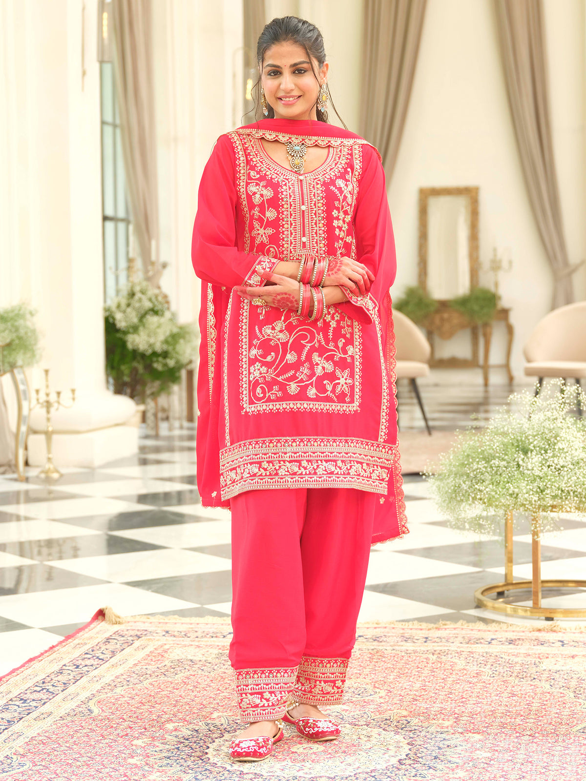 Red Embroidered Straight Kurta Patiala With Dupatta Set