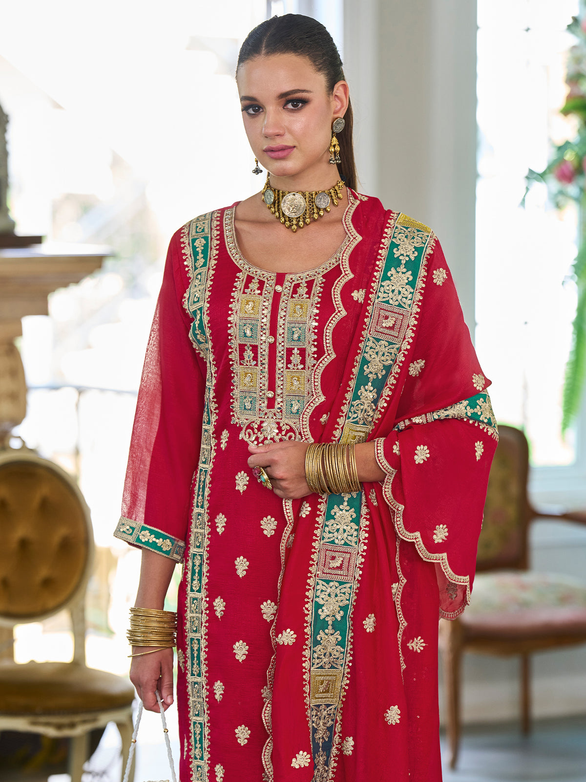 Red Embroidered Straight Kurta Trousers With Dupatta Set