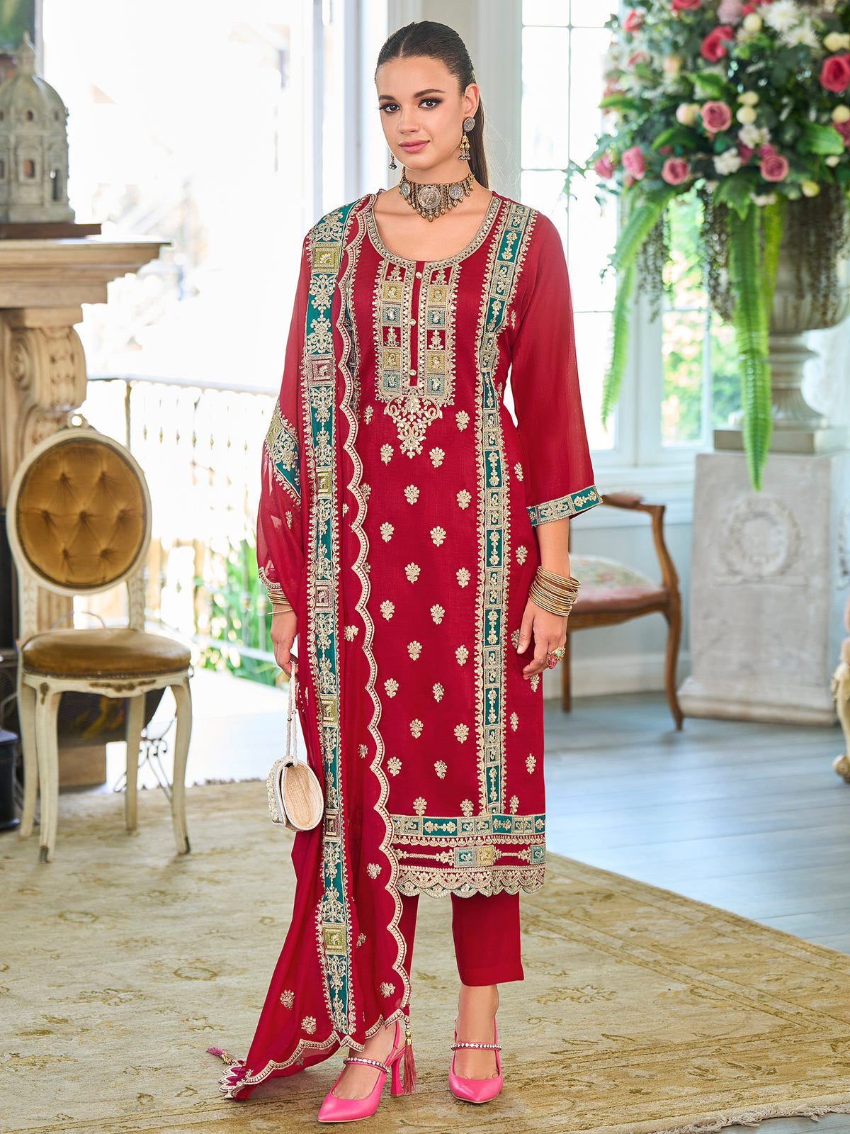 Red Embroidered Straight Kurta Trousers With Dupatta Set
