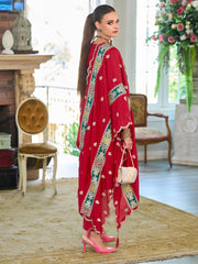 Red Embroidered Straight Kurta Trousers With Dupatta Set