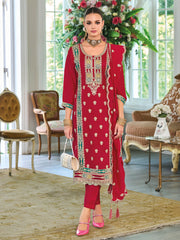 Red Embroidered Straight Kurta Trousers With Dupatta Set