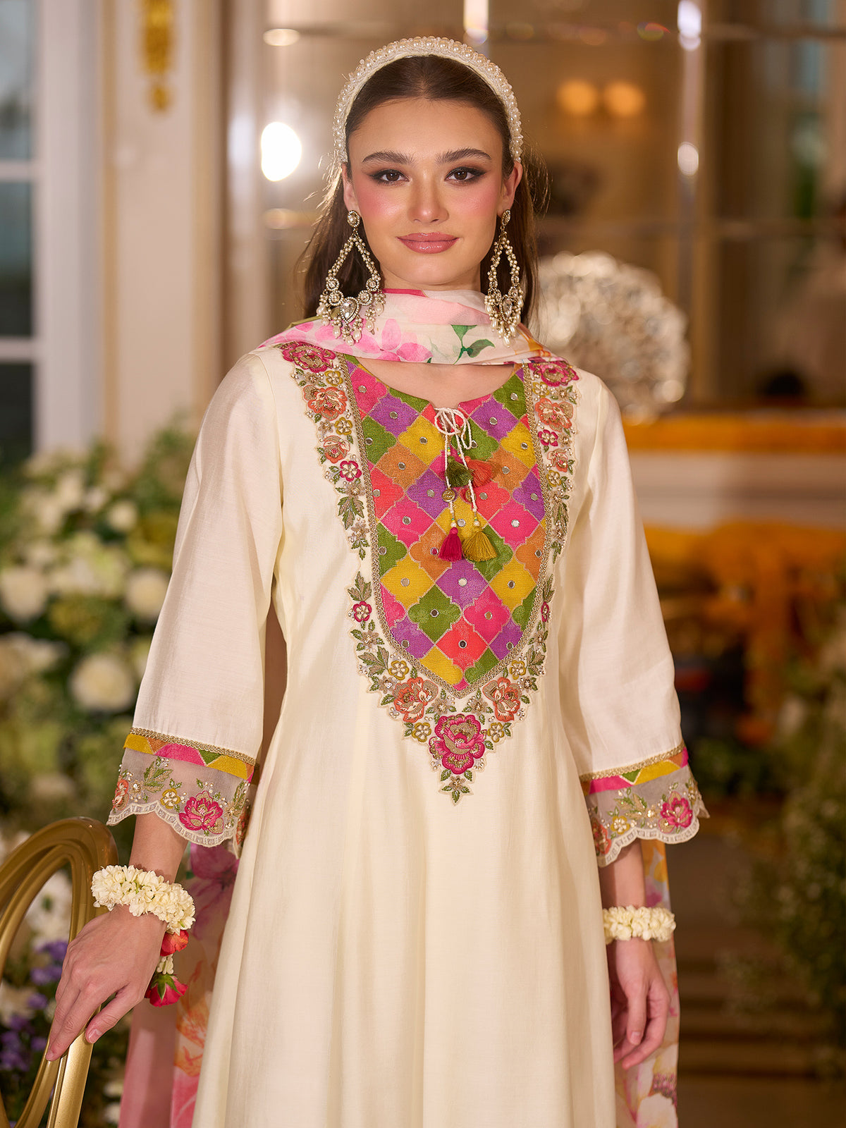 White Embroidered A-Line Kurta Trousers With Dupatta Set