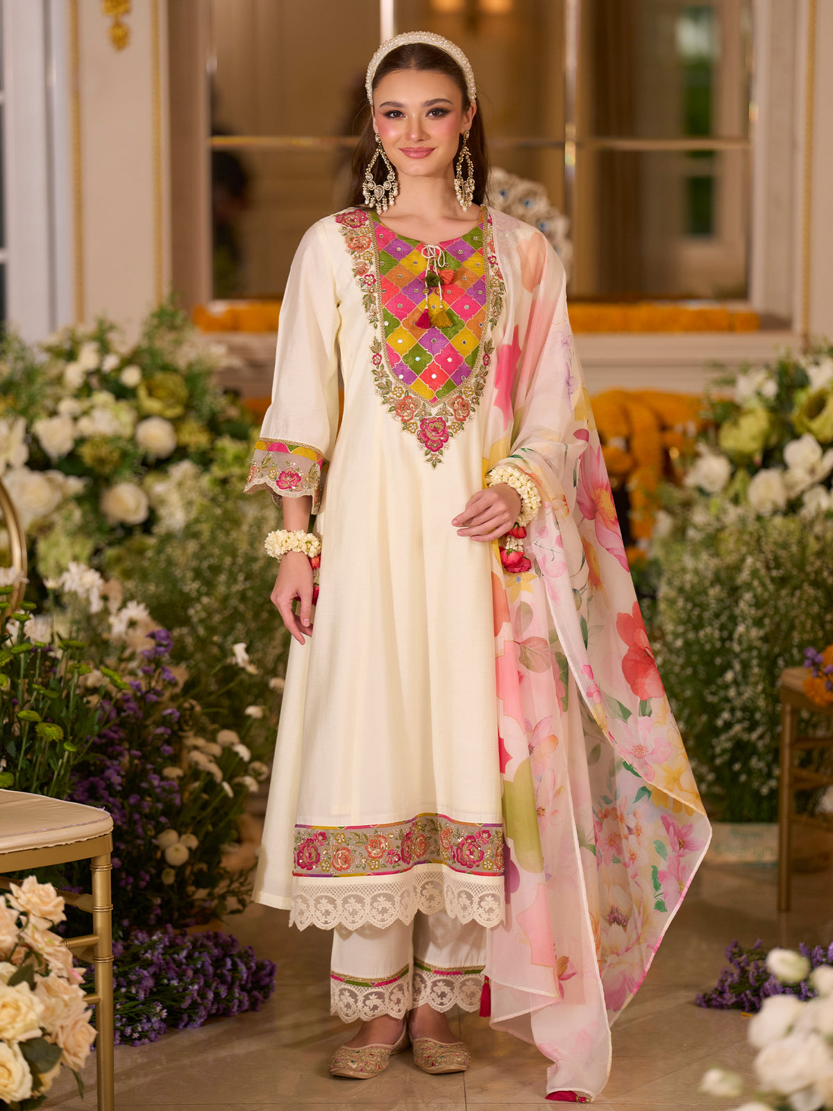 White Embroidered A-Line Kurta Trousers With Dupatta Set