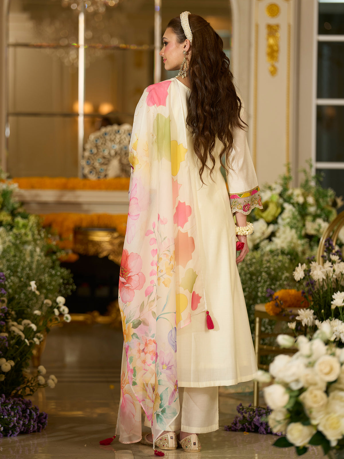 White Embroidered A-Line Kurta Trousers With Dupatta Set